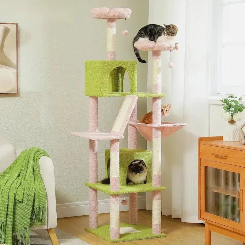 Arbre à chat XXL Pawtower rose et vert avec condos, hamac et chats