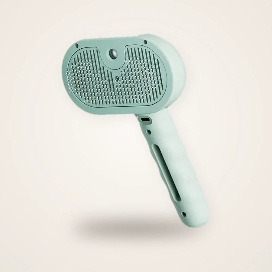 Brosse avec spray pour chat verte sur fond neutre