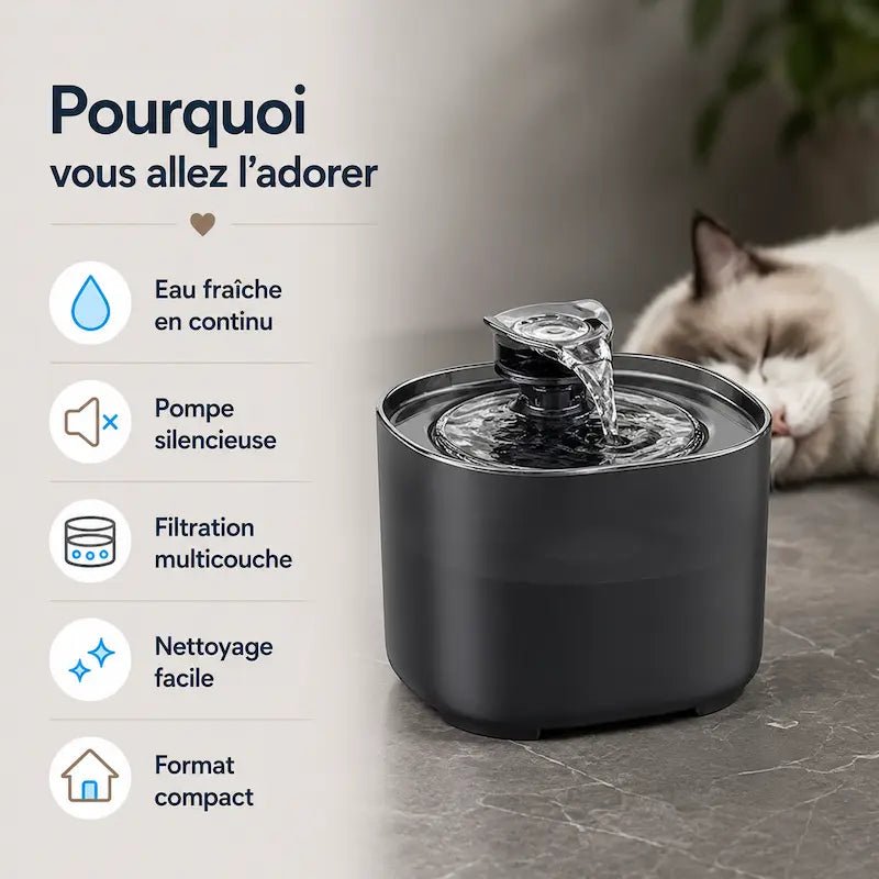 Fontaine à eau chat 2L : eau fraîche, pompe silencieuse, filtration multicouche, format compact