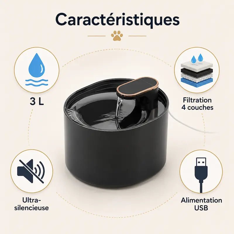 Fontaine à eau chat 3L MidFlow : filtration 4 couches, ultra silencieuse, alimentation USB