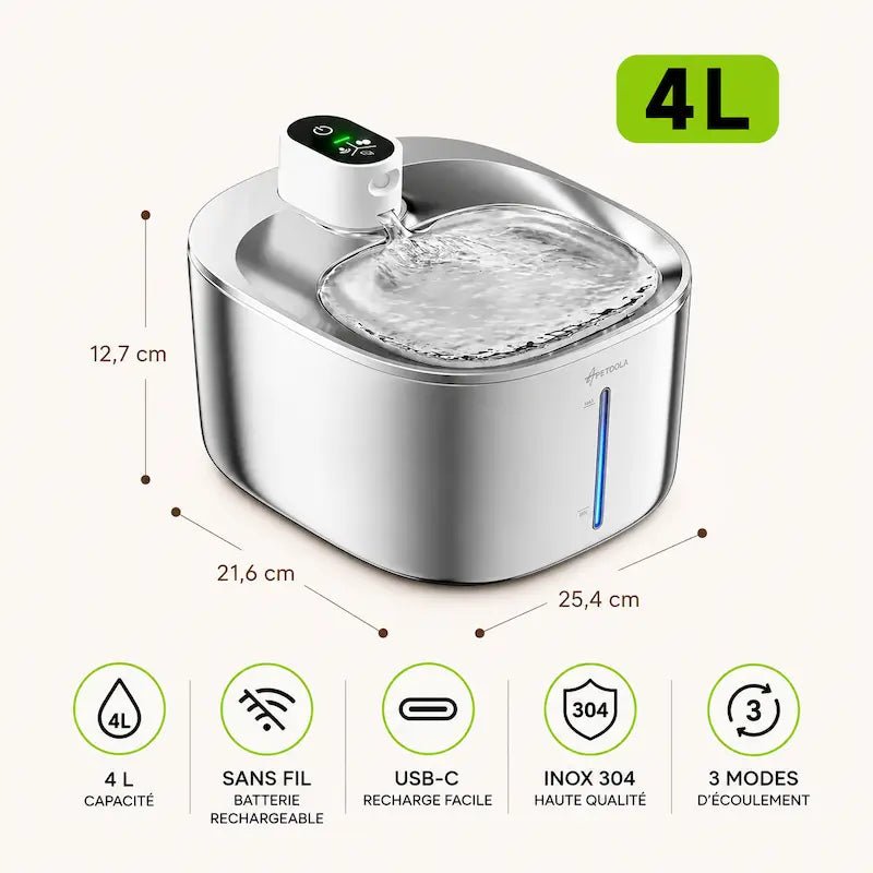 Dimensions de la fontaine à eau chat 4L AquaQuadra : 25,4 × 21,6 × 12,7 cm, sans fil, inox 304