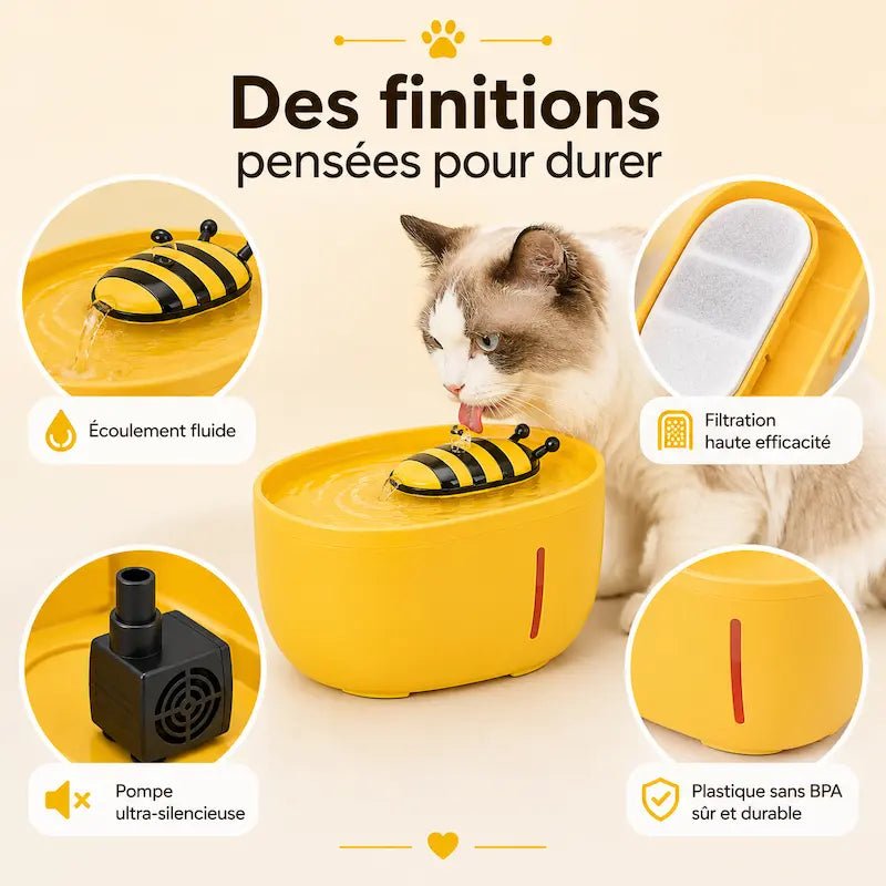 Fontaine à eau chat abeille BeeFlow : écoulement fluide, filtration, pompe ultra silencieuse, sans BPA