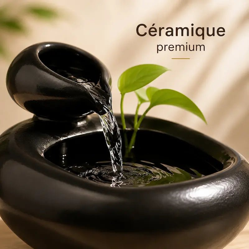 Détail de la céramique premium et du jet d'eau de la fontaine ClayFlow