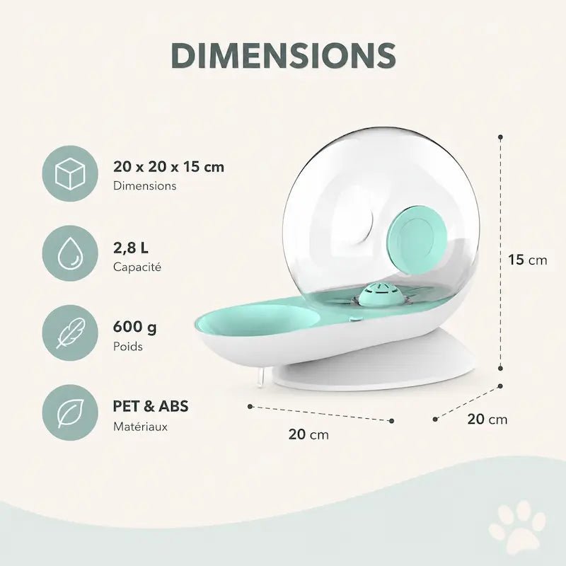 Dimensions de la fontaine à eau chat escargot SnailFlow : 20 × 20 × 15 cm, 2,8 L, 600 g
