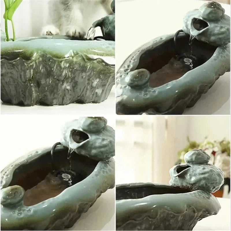 Détails de la céramique et du jet d'eau de la fontaine à eau chat grenouille FrogFlow