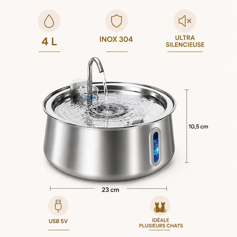 Dimensions de la fontaine à eau chat inox FéliInox : 4 L, 23 cm de diamètre, 10,5 cm de haut