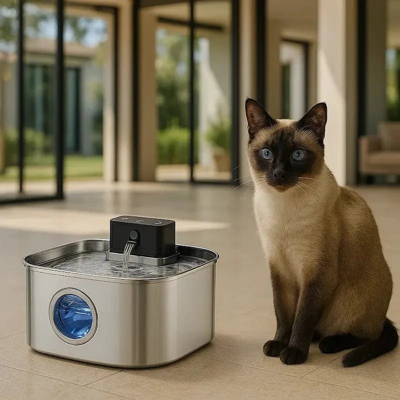 Fontaine à eau chat inox sans fil FreeSteel avec hublot bleu et chat siamois