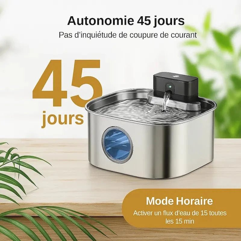 Fontaine à eau chat inox sans fil : autonomie de 45 jours et mode horaire