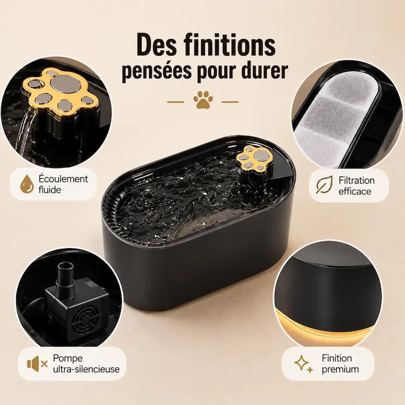 Fontaine à eau chat lumineuse GlowPaws : bec patte, filtration, pompe ultra silencieuse, finition premium