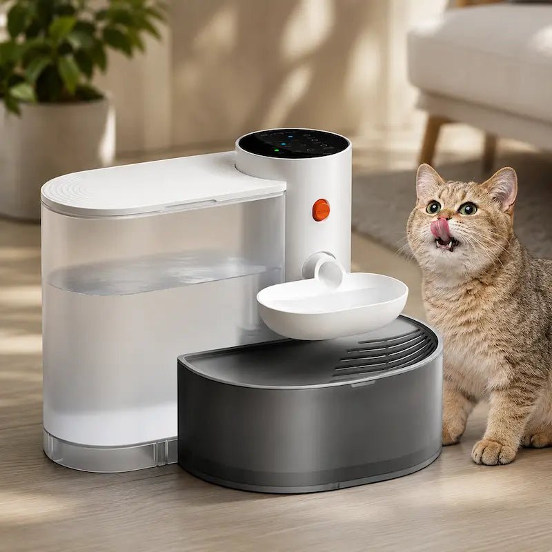 Fontaine à eau chat sans filtre HydriCat 3L avec réservoir, batterie et chat tigré