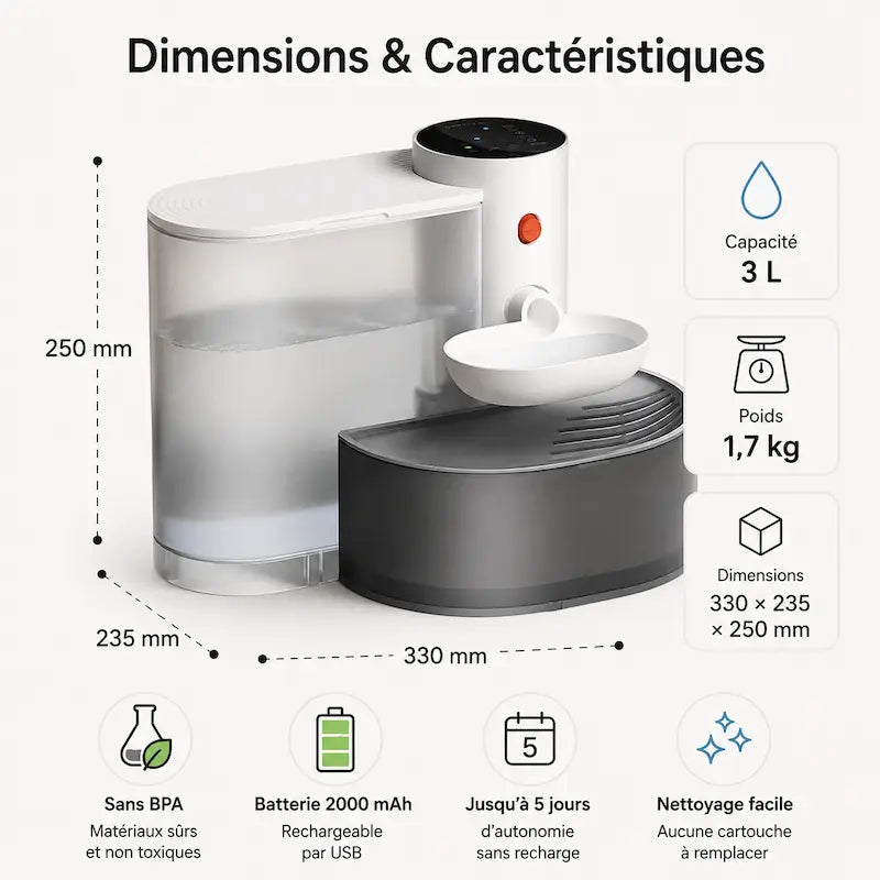 Dimensions de la fontaine à eau chat sans filtre HydriCat : 3 L, 33 × 23,5 × 25 cm, batterie 2000 mAh