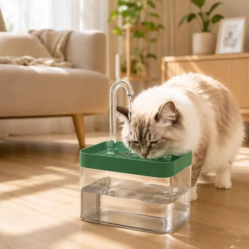 Chat qui boit à la fontaine à eau transparente ClearFlow dans un salon