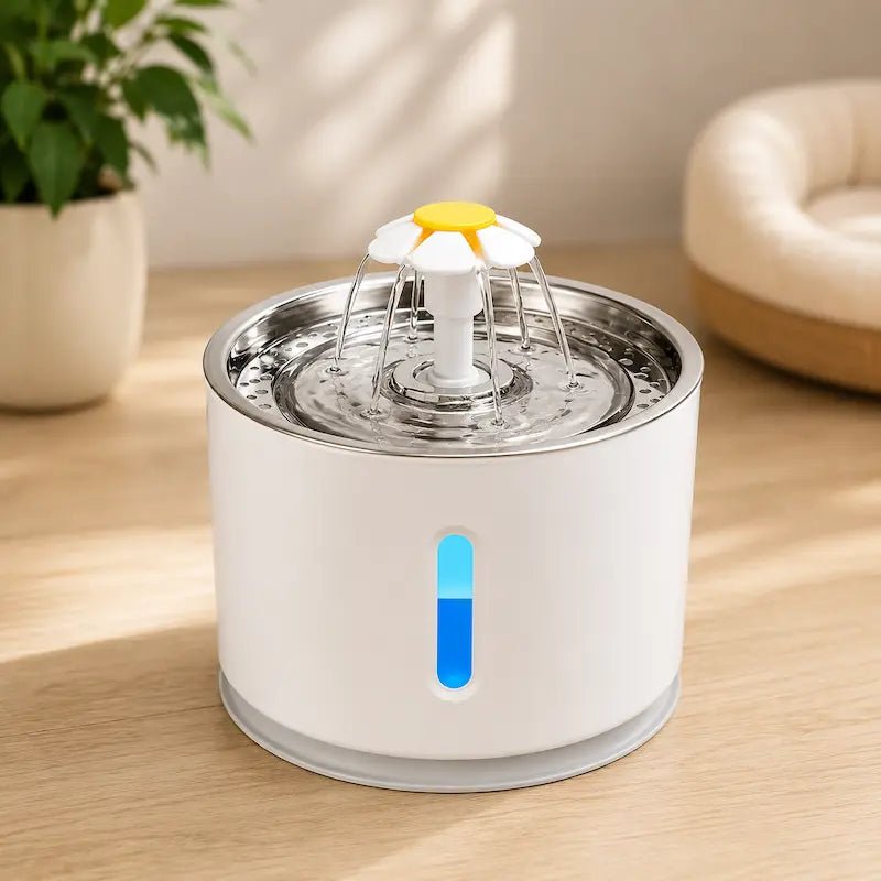 Fontaine à eau design fleur inox PetalInox avec fenêtre de niveau d'eau