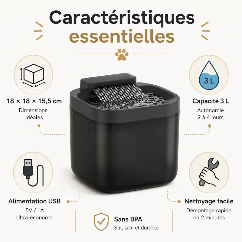 Caractéristiques de la fontaine eau USB 3L FelicityFlow : 18 × 18 × 15,5 cm, USB 5 V, sans BPA