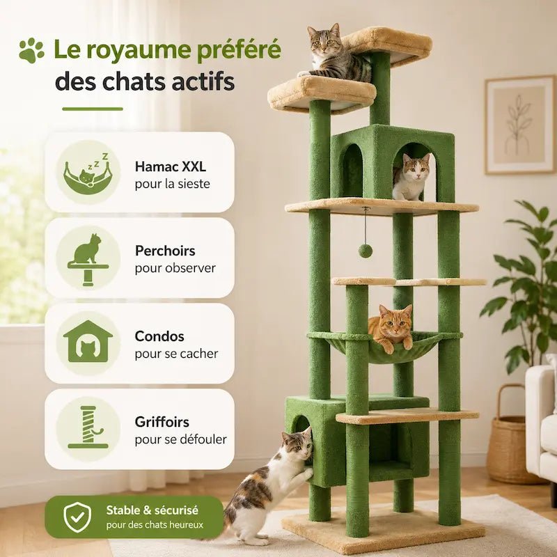 Grand arbre à chat multi-niveaux : hamac XXL, perchoirs, condos et griffoirs en sisal