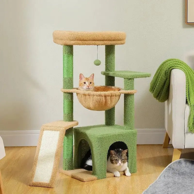 Chats dans le hamac et la niche du mini arbre à chat vert Minikitty