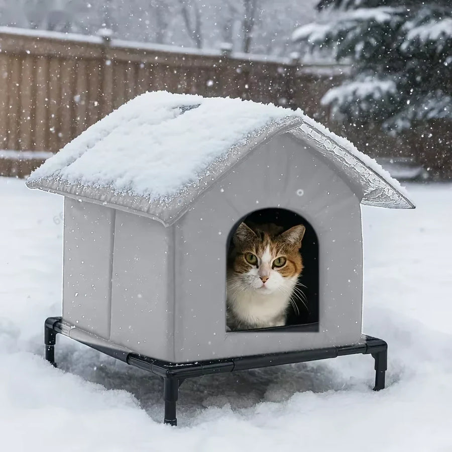 Niche chat extérieur isolée gris clair sous la neige avec un chat à l'intérieur