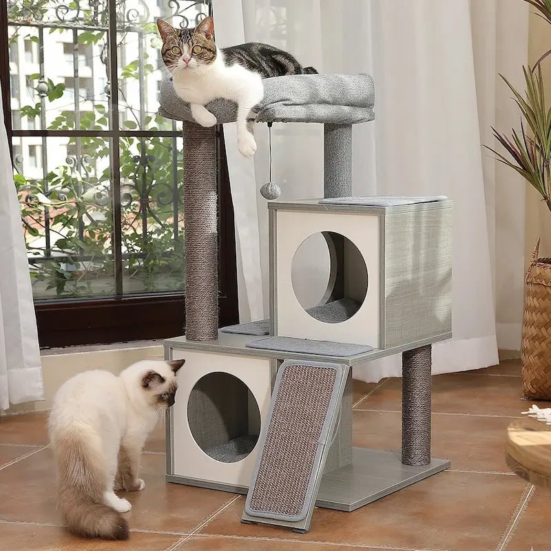 Petit arbre à chat moderne UrbanNest gris avec deux niches, rampe griffoir et chat au sommet